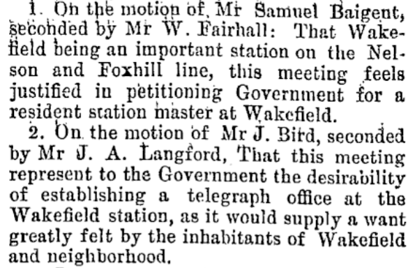 Scanned print of motions carried regarding petitioning for a resident stationmaster and Telegraph Office, 1878.